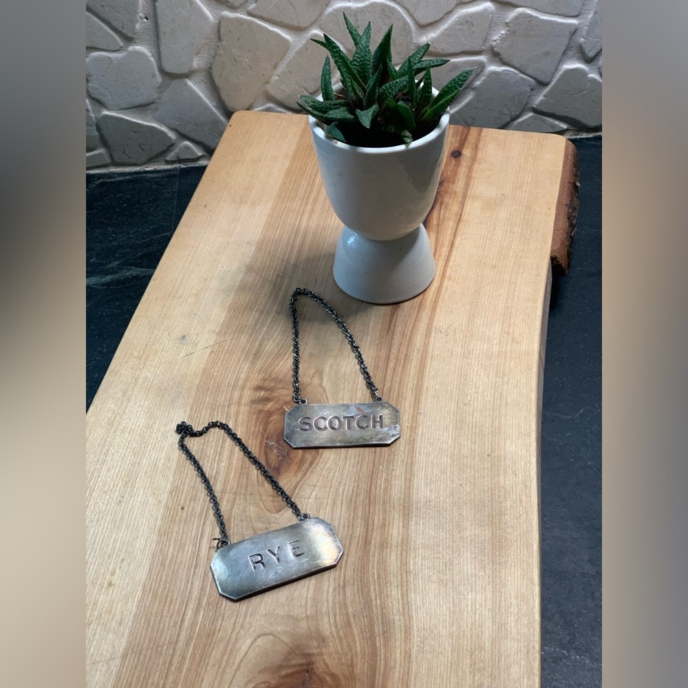BIRKS | Set of 2 | E.P. Silver Liquor Decanter Tags | Rye & Scotch